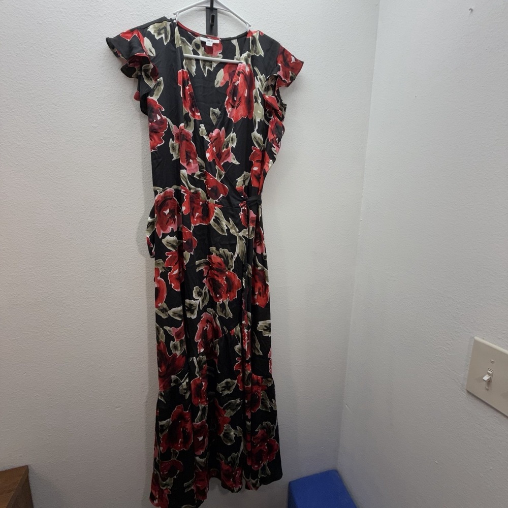 Bar III Women's Floral Satin Maxi Dress short Sleeve Wrap Style Waist Tie Formal